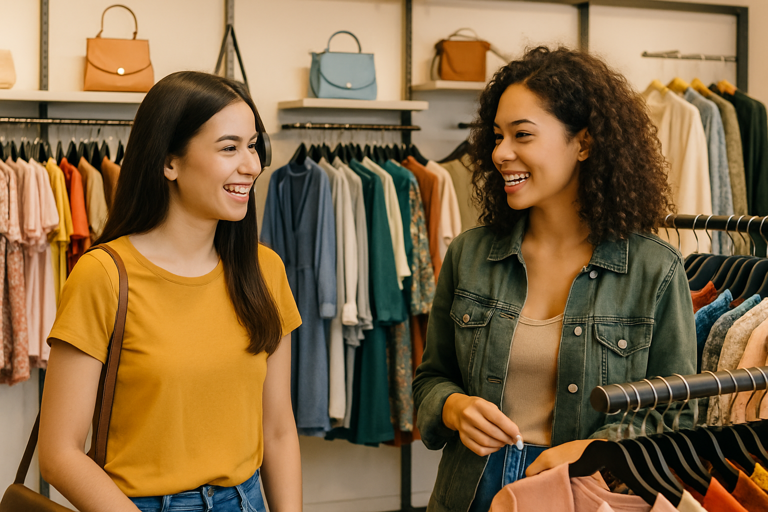 a wide image of two girls with backgrough of shopping cloths rack with hand bag givign